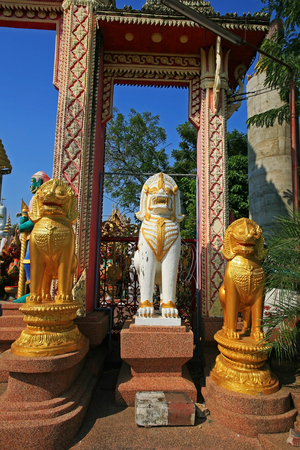 Three lion guardian statues decorated at Wat Tai-Phra-Chao-Yai-O ng-Tue temple in Ubonratchathani Province, Thailandの写真素材
