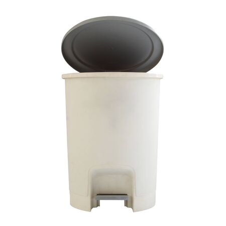 Open plastic trash can isolated on white backgroundの写真素材