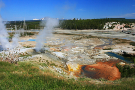 Steaming pool of Geysers in Yellowstone National Park, Wyomingの写真素材