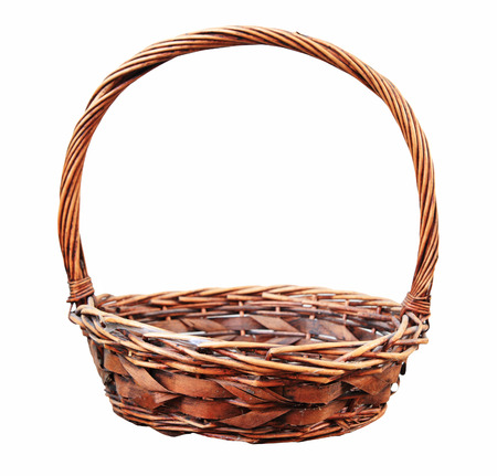 Red wooden wicker basket isolated on white の写真素材