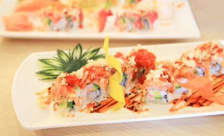 Tasty Japanese Spicy salmon sushi rollsの写真素材