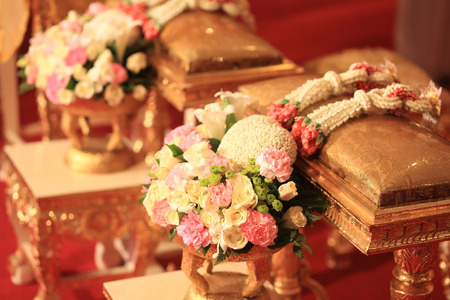 Flower bouquet  and  jasmine garland for Thai wedding ceremonyの写真素材
