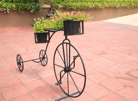 Designed bicycle with basket of flowersの写真素材