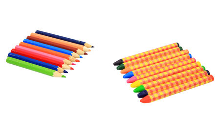 Set of colorful crayons and pencils isolated on white backgroundの写真素材