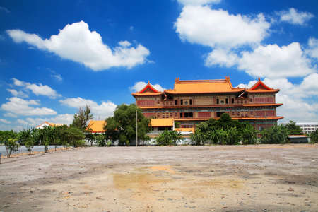 Landscape of Chinese temple, wat Leng-Noei-Yi, against blue sky, Thailandの写真素材