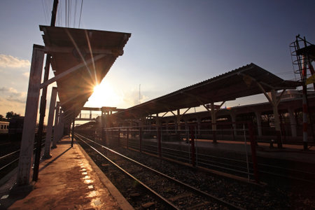 Train station outdoor against sun beam in Korat, Thailandのeditorial素材