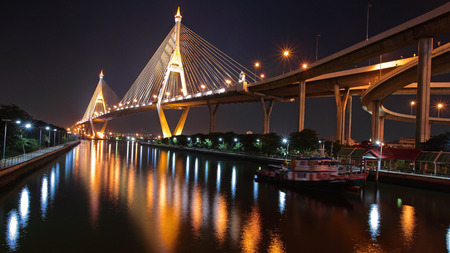 Bhumibol Bridge across the Chao Phraya River in Bangkok, Thailandの写真素材