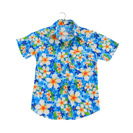 Traditional thai flower shirt isolated on white. This shirt usually wear in thai new year, Songkran festivalの写真素材