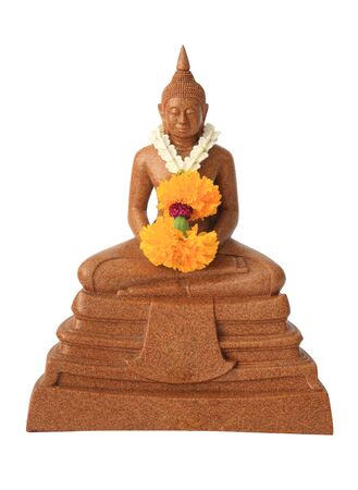 Brown Buddha statue with garland isolated on white backgroundの写真素材