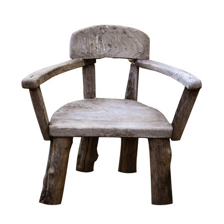 Old small wooden chair or stool isolated on white backgroundの写真素材