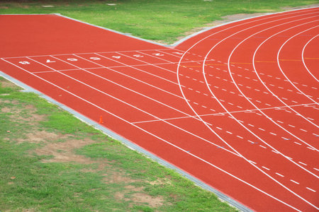 athletic outdoor running track at start point by aerial view