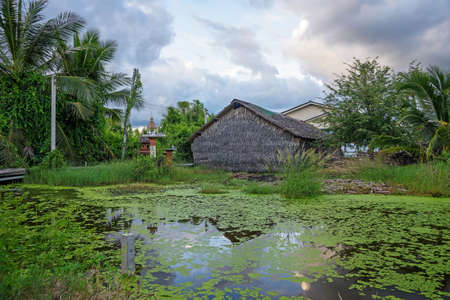 Thai style house made by wood and dry leaf near the pondの写真素材