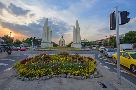 BANGKOK, THAILAND - DECEMBER 19, 2015: Democracy Monument at sunset. Here is the historic site of many of Thailand's street protests.のeditorial素材