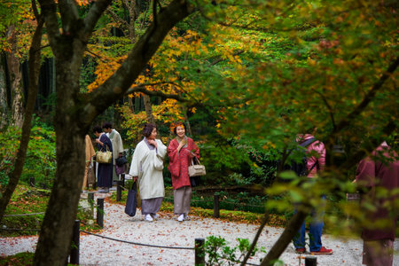 KYOTO, JAPAN - NOVEMBER 13, 2015: Unidentified women with Traditional kimono enjoy Autumn Japanese garden in Enkoji temple. Here is located in northern Kyoto and famous during fall colors in Autumn.のeditorial素材