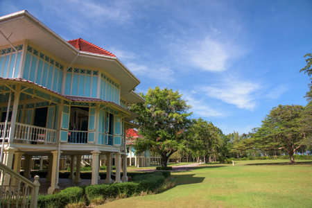 Antique wooden building of Marukhathaiyawan Palace in Cha-Am, Phetchaburi Province, Thailand.のeditorial素材