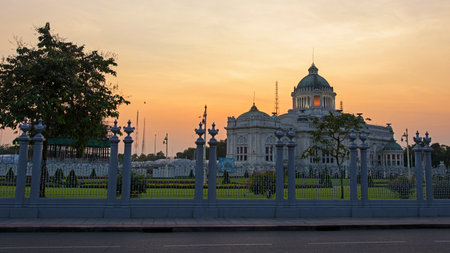 The Ananta Samakhom Throne Hall with twilight sky in Thai Royal Dusit Palace, Bangkok, Thailandのeditorial素材