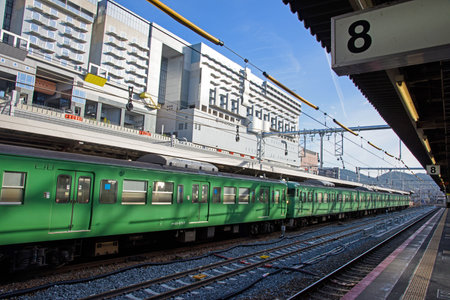 KYOTO, JAPAN - NOVEMBER 11, 2015: green JR train parking at Kyoto JR station. Here is main JR station in Kyoto.のeditorial素材