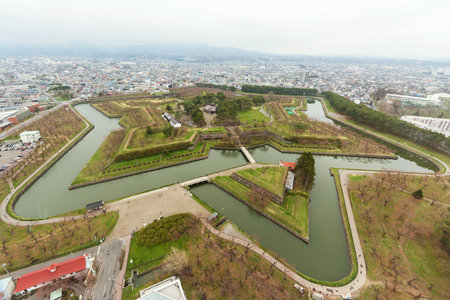 View of Fort Goryokaku before sakura full bloom from Goryokaku tower, Hakodate, Japanのeditorial素材