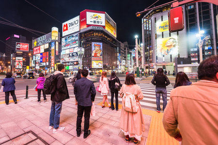 SAPPORO, JAPAN - APRIL 24, 2016: : Uidentified people at Susukino intersection at night. Susukino is a red-light district in Sapporo, Hokkaido.のeditorial素材