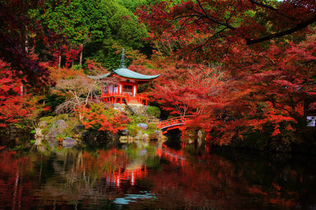 Daigoji Temple with red fall foliage in Kyoto, Japan. Here is very famous Kyoto landmark during Autumn season.のeditorial素材