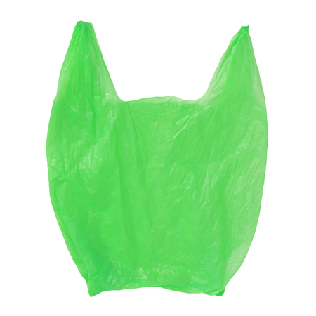 Green Plastic bag empty isolated on white background.の写真素材