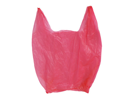 Red Plastic bag empty isolated on white backgroundの写真素材