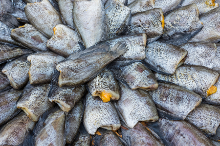 Fishes (Trichogaster pectoralis) arrange on rattan to sell in marketの写真素材