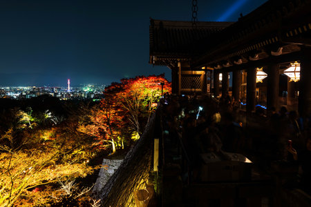 Autumn night light up of large veranda (Kiyomizu stage), at Kiyomizu-dera temple, Kyoto, Japan.のeditorial素材