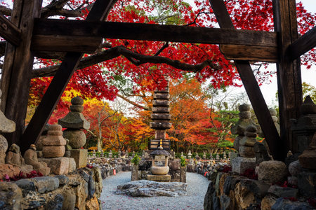 Japan tower with autumn foliage color in adashino nenbutsuji temple, Arashiyama, Kyotoのeditorial素材