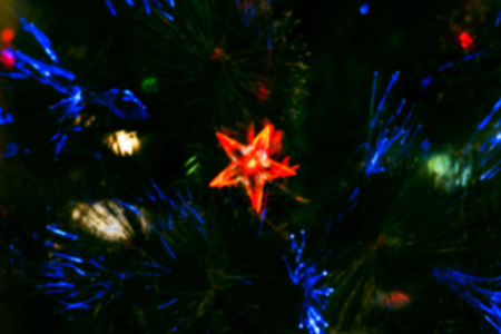 Blurred abstract of red star decorated on x'mas treeの写真素材