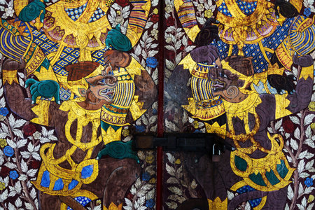 Traditional Thai style painting art of Hanuman on temple gateのeditorial素材