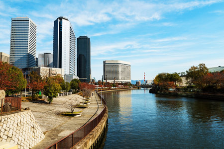 Osaka skyline with autumn foliage colors , Japan. Captured from Osaka castleのeditorial素材