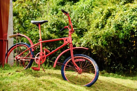 Retro red bike parking on the fieldの写真素材