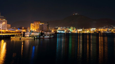 HAKODATE, JAPAN - APRIL 21, 2016: Habour and urban near Mt. Hakodate at night.の写真素材
