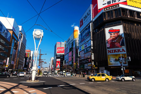 SAPPORO, HOKKAIDO, JAPAN - APRIL 24, 2016: Susukino district against blue sky. Susukino is one of the three major red-light districts within Japan.のeditorial素材