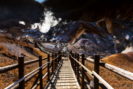 Jigokudani hell valley walking trail in morning, Noboribetsu, Hokkaido, Japanの写真素材