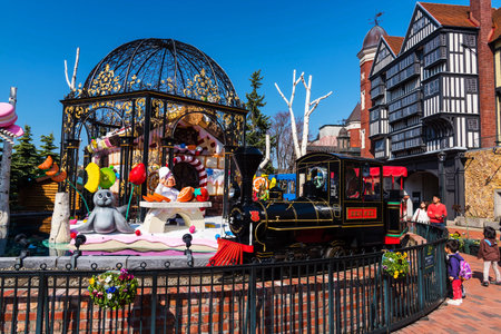 SAPPORO, JAPAN -APRIL 25, 2016: Antique stream train run on railway at Chocolate factory "Shiroi Koibito" theme park by Ishiya, a local chocolate company.のeditorial素材