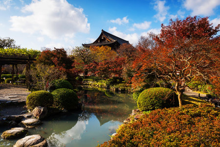 Beautiful autumn garden with reflection at Toji temple, Kyoto, Japanのeditorial素材