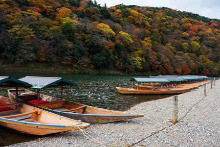 Boats on Katsura river at fall in Arashiyama, Kyoto, Japanの写真素材