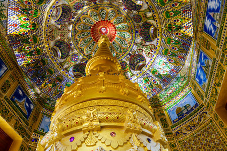 Beautiful temple interior at Wat Pa Sawang Bun in Saraburi Province, Thailand. There are 500 small pagodas decorated around big pagoda.のeditorial素材