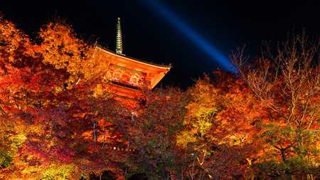 Kiyomizu-dera red pagoda with autumn light up at night, Kyoto, Japanのeditorial素材