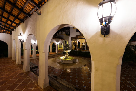 Fountain in the courtyard decorated in europe style building at nightのeditorial素材