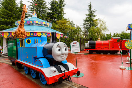 YAMANASHI, JAPAN - MAY 01, 2017: Thomas and James Train monuments of Thomas land theme park in Fuji-Q Highland amusement park.のeditorial素材