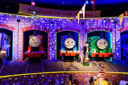 YAMANASHI, JAPAN - MAY 01, 2017: Thomas, Percy, and James monuments of Thomas land theme park in Fuji-Q Highland amusement park.のeditorial素材
