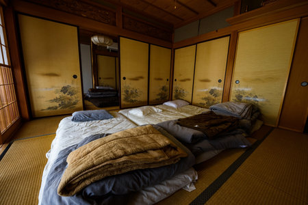 Traditional Japanese style room (Ryokan) with Tatami bed in Luxury houseのeditorial素材