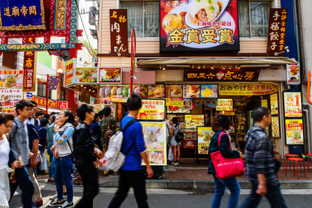 YOKOHAMA, JAPAN - MAY 6, 2017: Unidentified people buy icecream and sweet snack at Chinese restaurant in Yokohama Chinatown, Here is the largest China town in Japan.のeditorial素材