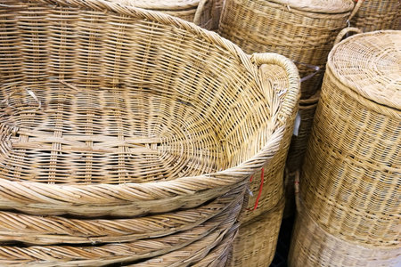 Closeup Stack of rattan wicker basket for sale in market