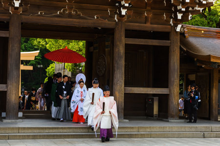 TOKYO, JAPAN - MAY 7, 2017: Unidentified Japanese people with traditional costume Celebrate of Shinto wedding ceremony at Meiji Jingu Shrine in Tokyo, Japan.のeditorial素材