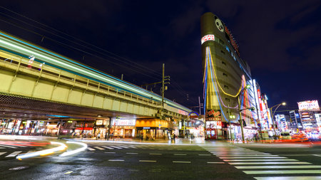 TOKYO, JAPAN - MAY 7, 2017: Ameyoko or Ameyayokocho Shopping Street, the most famous outdoor shoppng street in Tokyo, near Ueno Stations at night.のeditorial素材