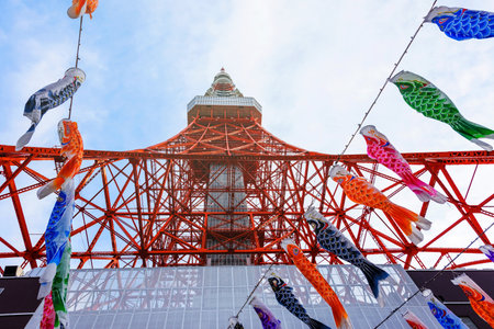 Toyko Tower with colorful plastic floating fish by ant eye view, Japanのeditorial素材